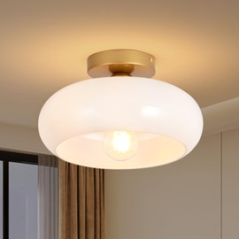WOKNOS Mid-Century Modern Gold Semi Flush Mount Ceiling Light, Kitchen Ceiling Light Fixture with Glass Shade, Vintage White Close to Ceiling Lamp for Entryway Hallway Bathroom (11.0 Inch)