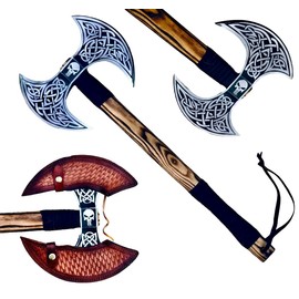 viking tools Axes,Functional Axe, Bushcraft Axe Hatchet for Hunting Bearded Axe Double Head Axe Tool with Free Leather Sheath dd007 Black/Sliver (Viking Double Bit Axe)