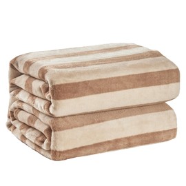 FY FIBER HOUSE Striped Flannel Queen Blanket - Soft Cozy Striped Blanket for Couch, Sofa, or Bed - 90"x90", Khaki, All Season Use