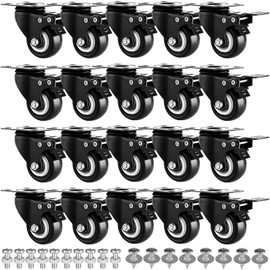 1.5" Casters Set of 20 Heavy-Duty Industrial Caster Wheels with Brake PU No Noise Wheels Double Locking and Double Ball Bearing Swivel Locking Casters for Workbench, Furniture, Plate Castors Black