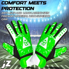 Jazzy Sports Goalkeeper Gloves for Youth, Kids Goalie Gloves with Double Wrist Protection, Non-Slip Latex Material, Adult Soccer Goalkeeper Gloves (Green, Size 4 Suitable for 6-9 Years)