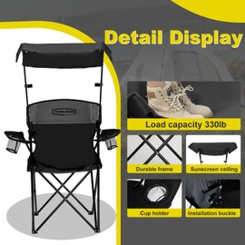 YOUNG WOOD Portable Camping Chair Beach Chair with Shade Canopy, Fold Lightweight Oversized for All, Easy to Open and Close Without Installation, Side Pocket Design for All Outdoor Activities，Black