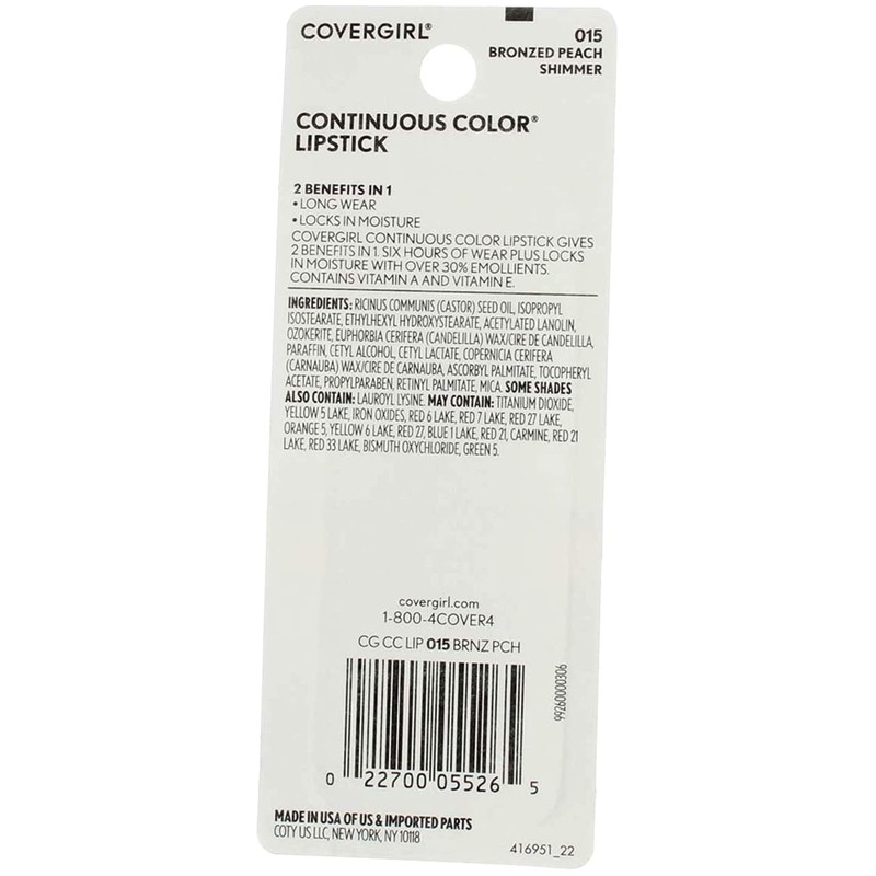 CoverGirl Continuous Color Lipstick, Bronzed Peach 015, 0.13-Ounce Bottles (Pack