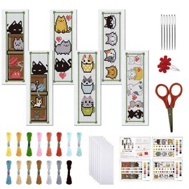 FREEBLOSS Set of 6 Embroidery Set Cross Stitch Bookmark Embroidery Set Beginners Bookmark Embroidery Cross Stitch Book and Cat Pattern Cross Stitch Set with Instructions 6 x 20 cm