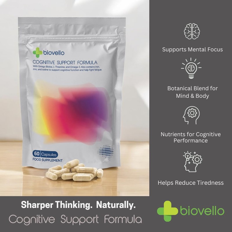 Biovello Cognitive Support Formula, 60 Capsules, with Iron, Zinc, Ginkgo