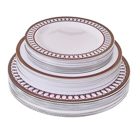 Silver Spoons DISPOSABLE DINNERWARE SET | Heavy Duty Plastic Dishes for Holiday | Includes: 40 Dinner Plates, 40 Salad Plates and 40 Dessert Plates | Renaissance Collection – Red