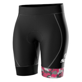 SLS3 Pantalones cortos de triatlón para mujer | Super cómodos con estampado de gamuza suave FX | Corte atlético delgado, Negro/Camuflaje Sangría, L