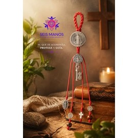 Seis Manos Colgante San Benito con Llave Abre Caminos, Plateado | Tres Modelos, Incluye Oración, Bolsa de Organza, Hecho a Mano, Hecho en México