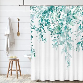 Tititex Tititex Teal Eucalyptus Shower Curtain Sets, Watercolor Turquoise Leaves on The Top Plant with Floral Bathroom Decoration 60x72 Inch with Hooks