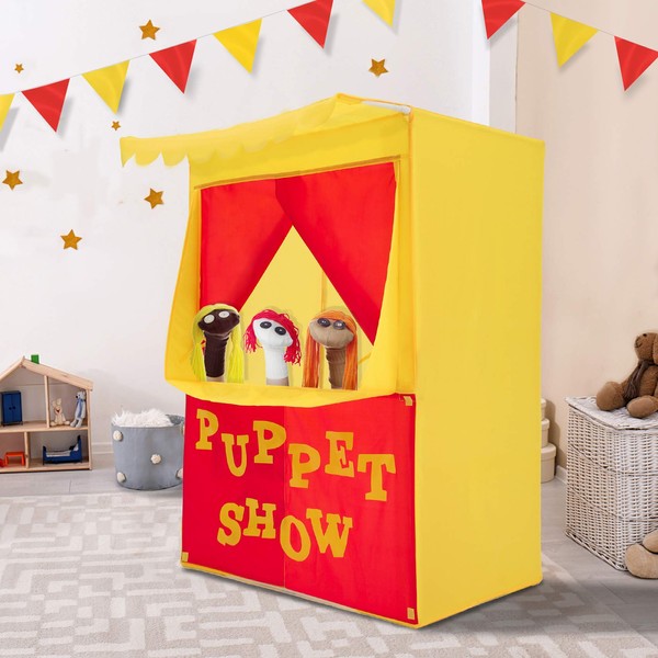 Alvantor Lemonade Stand Puppet Show Theater Pretend Playhouse Play Tent Kids on Stage Doorway Table Top Sets for Toddlers Curtain Fordable Rods Children Dramatic Furniture, 28"X20"X41"H, Yellow,8032