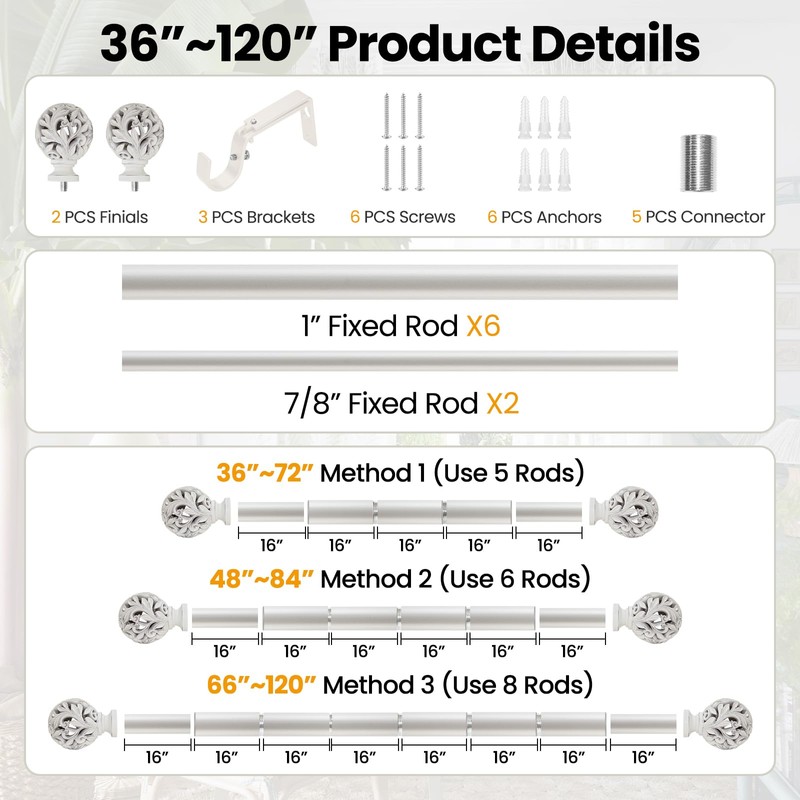 Heavy Duty Curtain Rod 36 to 120 Inches (3-10 ft)，1-Inch