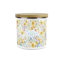Purely Home Floral Daisies Coffee Canister - White Metal Enamel Kitchen Food Storage Container