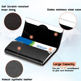 Waylipun Business Card Holder, Professional PU Leather & Stainless Steel Business Name Card Case, Keep Business Cards in Immaculate Condition, Slim Metal Pocket Card Holder for Men & Women(Black)