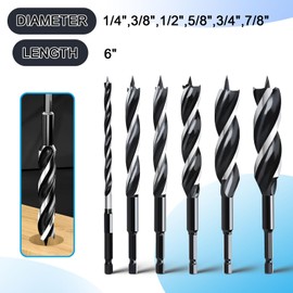 6PCS Auger Drill Bit 6" Long for Wood,Quick Change Hex Shank Tri Flute Wood Drill Bit for Soft and Hard Wood,Plastic,Drywall and Composite Materials(1/4",3/8",1/2",5/8",3/4",7/8")