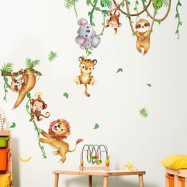 Jungle Animals Wall Decals Nursery Wall Stickers Decor Cartoon Monkey Lion Tiger Elephant Wall Stickers Woodland Animals Safari Wall Mural Peel and Stick Wall Art for Baby Kids Bedroom