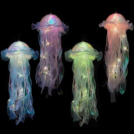LUFEIS Jellyfish Light, 4PCS Hanging Jellyfish Lanterns, Creative Glowing Jellyfish DIY Atmosphere Decorative Lamp for Ocean Theme Party, Light Up Jellyfish Lamp for Baby Kids Gift Party Supplies