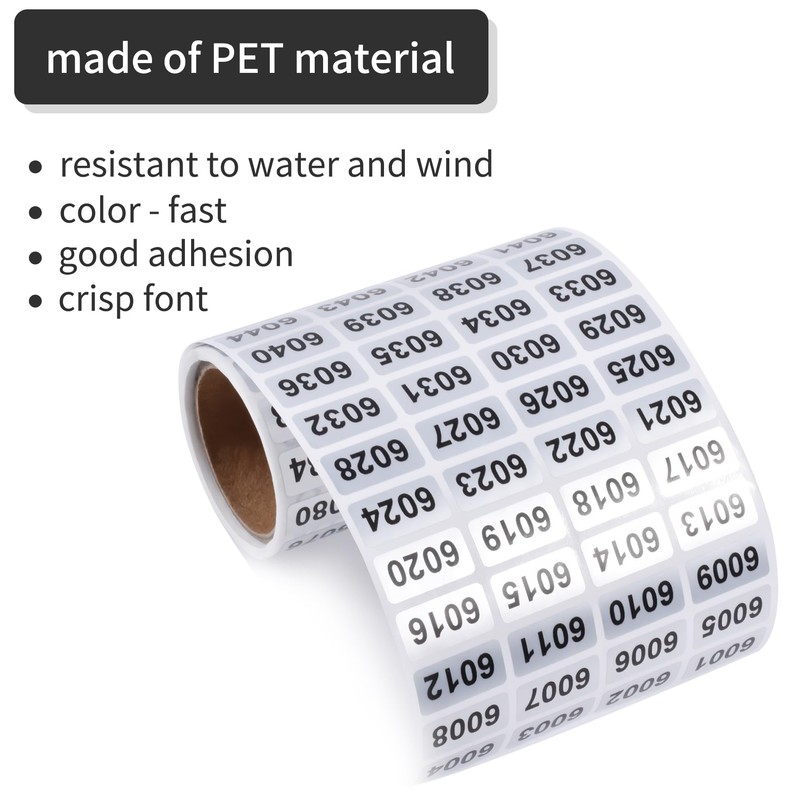 Skweawert 6001-7000 Consecutive Number Inventory Stickers Self Adhesive Waterproof Labels