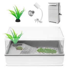 AZV Small Turtle Tank, 15.7×11×9.8 Inch Turtle Terrarium Accessories with Water Pump Filter, UV Basking Platform Lamp,Light Bottom Drainage, Multi Function Area for Small Reptile Hermit Crab Crayfish