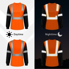 Uno Mejor Hi Vis Shirts for Women Construction Class 3 Work Shirts, High Visibility Reflective Safety T-Shirts for Women, Long Sleeve Work Shirts, Breathable, WCXY-Orange S