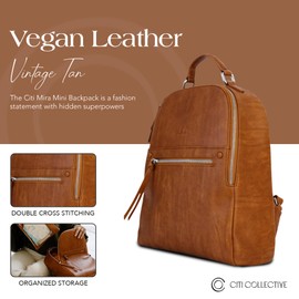 Citi Collective Mira Mini Diaper Bag – Vegan Leather, Vintage Tan, Durable and Lightweight Travel Bag for Women, Girls & Boys, Stylish and Convenient Casual Day-to-Day Mini Backpack