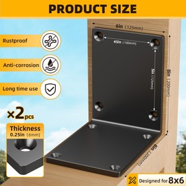 MooxHAI 2 PCS 8"x8"x6" Heavy Duty Steel Corner L Brackets | 90 Degree Angle Bracket for Wood | 8x8 Post to Beam Connector Thickness 1/4"(6mm) | for Wood Shelves,Furniture | Max Load 300lbs