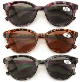 V.W.E. 3 Pairs Women Leopard Print Fully Magnified Round Sunglasses Reader - Spring Hinge UV Glasses (Purple Brown Grey, 1.75, x)