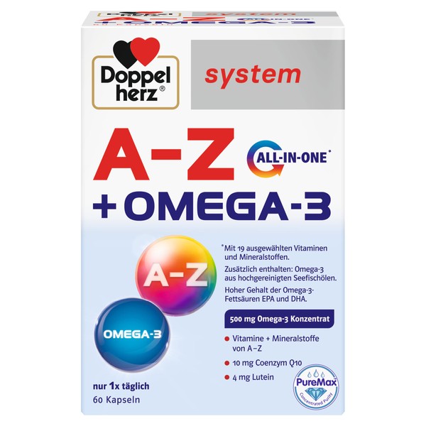 Doppelherz System A-Z + Omega-3 All-in-One - 19 Vitamins and Minerals Plus Omega-3 - 60 Capsules