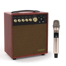 DESOUL 40W Portable Karaoke Machine Vintage Speaker Guitar Amp 1 Wireless Microphone Rechargeable Battery Powered Bluetooth Wooden Bookshelf Speaker Singing Practice Multimedia Inputs Rosewood