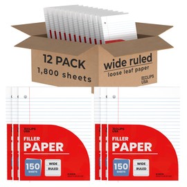 Notebook Paper, Loose Leaf Paper, Wide Ruled Notebook Paper, 10.5” x 8” Filler Paper, 56 gsm, 1800 Sheets,150 Sheets Per Pack (12 Pack)