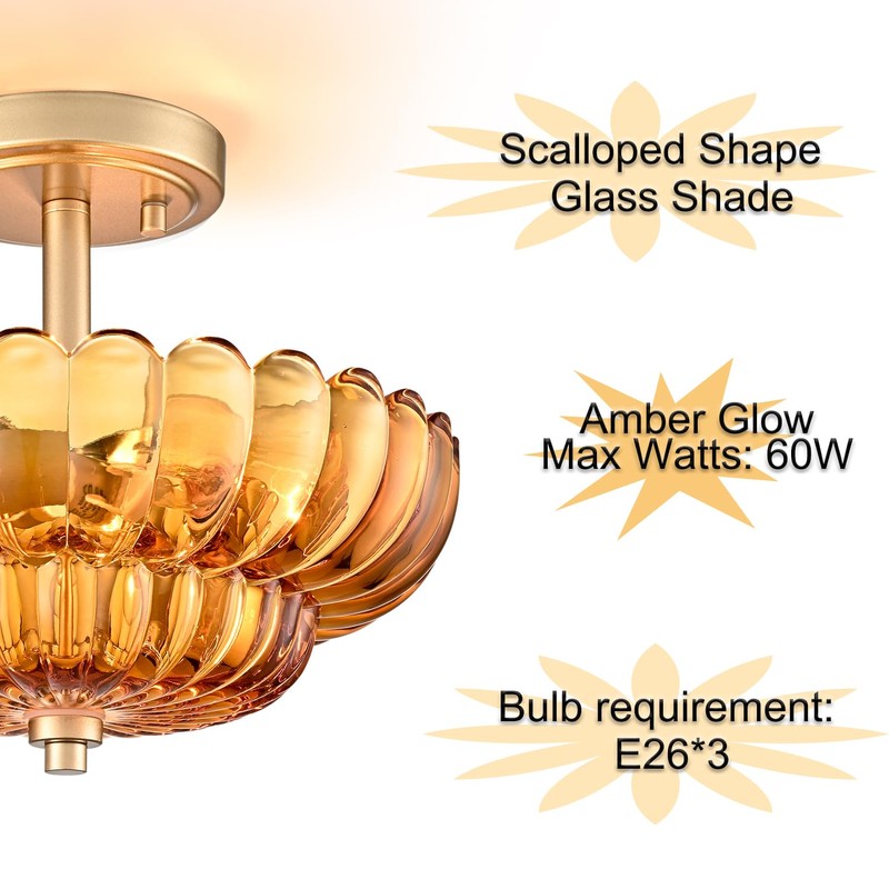 Semi Flush Mount Ceiling Light Fixture, Amber Glass 3-Light Modern