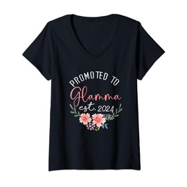 Womens Promoted to Glamma Est 2024 First Time Grandma V-Neck T-Shirt