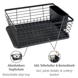 Wenko Drip Dish Drainer, Dish Drainer Ideal for Sitting beside the Sink, Powder Coated Metal and Plastic, 36 x 15 x 30.3 cm, Black