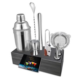 Cocktail Shaker Set with Stand,Cocktail Kit,Bartender Kit with 10 Piece Bar Tool Set,Matini Shaker,Mixing Spoon,Jigger,Strainer,Muddler,Corkscrew for Barware Set and Other Bar Tools (Black Bamboo)