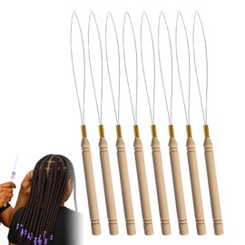 8Pcs Hair Extension Loop Threader with Wooden Handle Hair Loop Pull Through Tool Flexible Non-Slip Micro Rings Nano Beads Styling Accessories for Hair Feather Extensions DIY Hairstyles Beaded Crafts