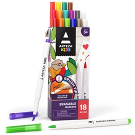 ARTEZA Kids Washable Markers, Bright Colors, 16 Brush Tip Erasable Marker Pens and 2 Eraser Pens, School Supplies for Kids Ages 3 and Up