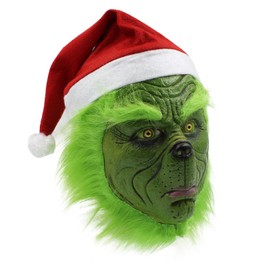 Green Monster Mask Christmas Costume Mask with Santa Hat Green Monster Cosplay Accessories Xmas Latex Full Face Mask