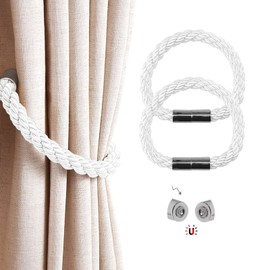 Magnetic Curtain Tiebacks 2 Pack Strong Convenient Tie Backs Clips Curtain Buckles Holdbacks Modern Simple Style Binding Weaving Tie Band for Thin or Thick Home & Office Window Drapery (White)