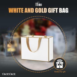 White with Gold Frame Gift Bags YACEYACE 20Pcs 10.5"x4.25"x8" Medium Size Gift Bags White Gift Bags with Gold Frame Elegant Gift Wrap Bags, Party Bags, Birthday Bags, Wedding Bags, Boutique Bags,