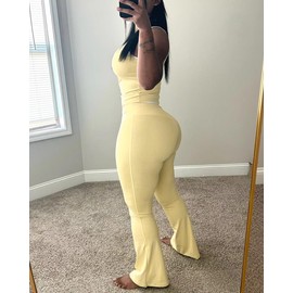 Weafmlia Two Piece Workout Sets for Women Tank Top and Color Block Flare Long Pant Gym Yoga Jogging Outfits Yellow S