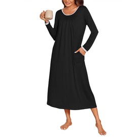 Ekouaer Long Sleeve Nightgown for Women Full Length Sleepshirt Plus Size Lounge Dress Winter Sleepwear with Pocket Black