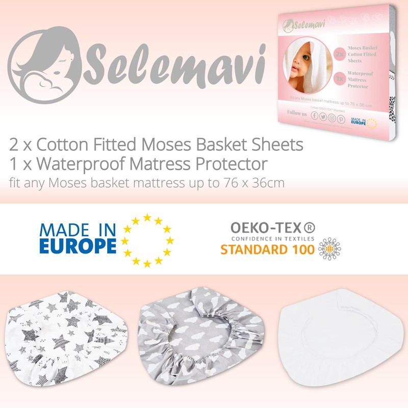 Selemavi Moses Basket Fitted Sheets Set – 100% Cotton, 3pc