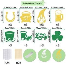 St. Patrick's Day Cupcake Toppers,Lucky Irish Clover Party Decorations,Lucky Four Leaf for Irish Party Decor,Four Leaf Clover Shamrock Birthday Wedding Party Supplies Gold Green 24 PCS