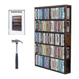 Wooden cassette tape storage Rack,Hold up to 115 cassette tapes,Wall Mountable,17 * 25.4 * 2.75 inches,Perfect for Cassette Collections,wire mesh on both sides,Rustic
