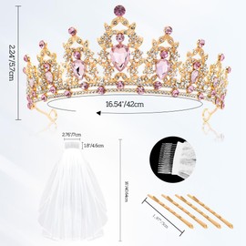 RGHSZ Gold Crown and Wedding Veil Set Crown Headband Pink Tiara Wedding Crown for Bride Pink Crown Bachelorette Veil Wedding Veil Headband Tiara Adult for Bachelorette Wedding Party Anniversary