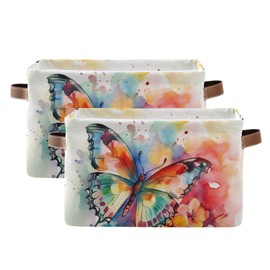Storage Basket Beautiful Painting of Lovely Colorful Butterfly and Flowers Durable Canvas Collapsible Toy Box Organizer Bin with Handles for Shelf Closet Bedroom Home Office