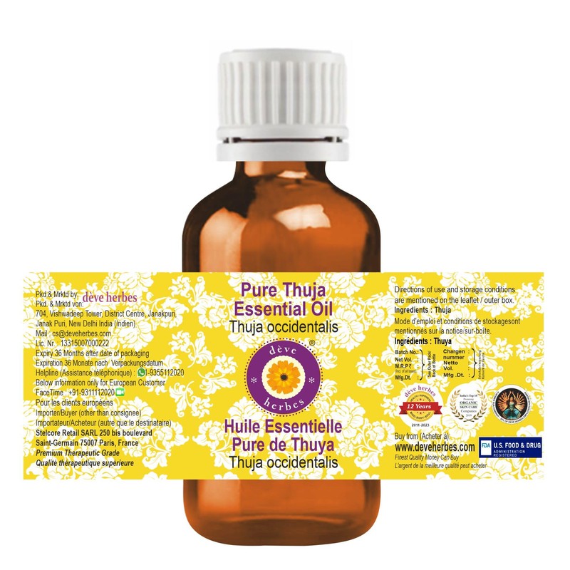 Deve Herbes Pure Thuja Essential Oil (Thuja occidentalis) Steam Distilled