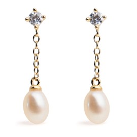Piaf Earrings with 4-4.5mm White Oval Freshwater Cultured Pearls and Zirconia | Secret & You | 18K Gold Plated 925 Sterling Silver