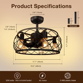 BDL Enclosed Ceiling Fan Round Adjustable Download Wind 3 Speeds Timing Remote Control Industrial Metal Flush Replaceable Bulbs Low Profile Bedroom Living Room (Brushed Wood Black)