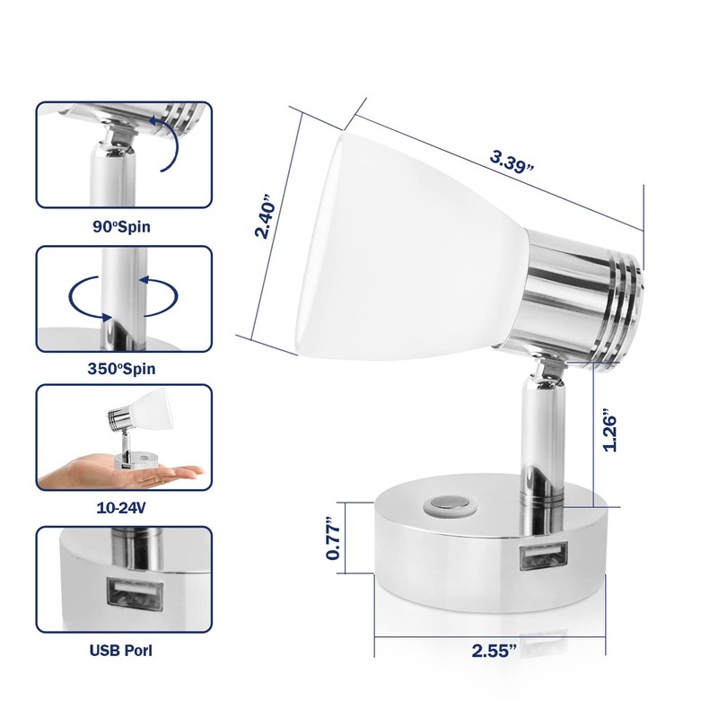 THALASSA 12V Boat Interior Reading Light USB Port, 3W DC