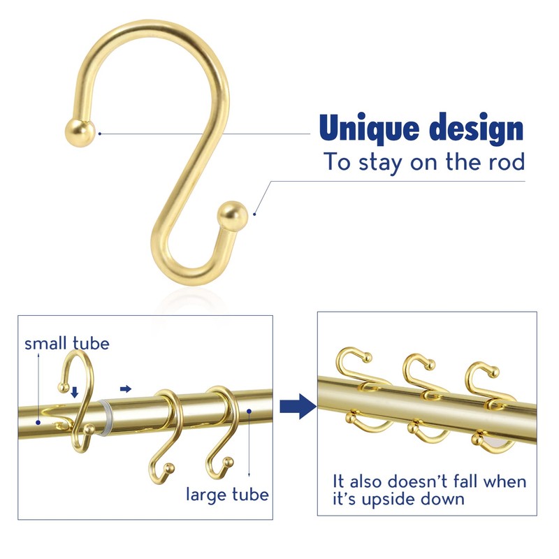 Metal Shower Curtain Hooks，Set of 12 Rings，Rust Resistant S Shaped